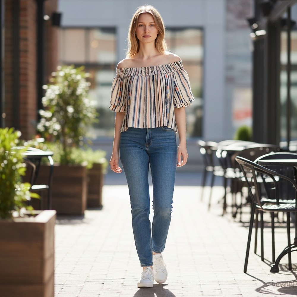 ASTR The Label Shoulder Striped Smocked Blouse Short Puff Sleeve Boho Top XS